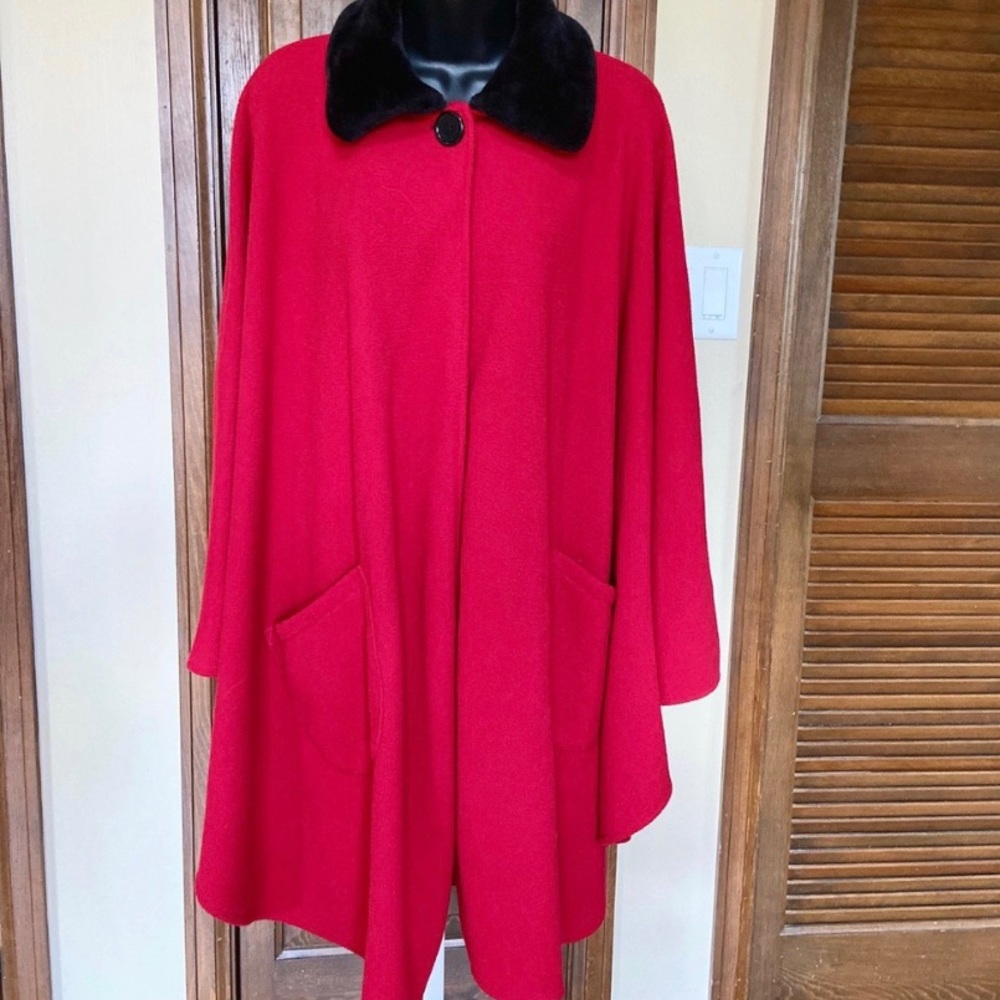 RED FLEECE CAPE, black collar  plus size